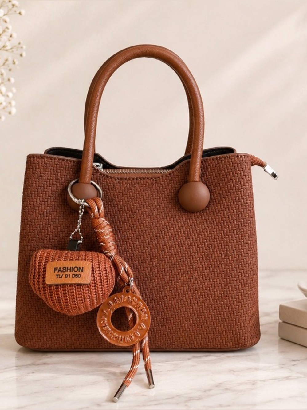 NWT Brown Woven Satchel Handbag with Matching Charm & Shoulder Strap by Sumzen
